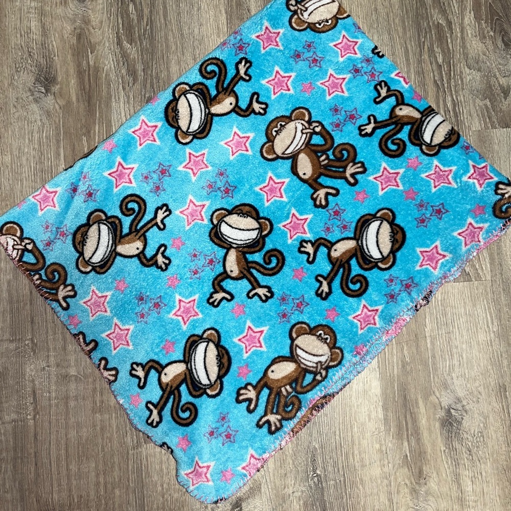 Vintage Y2K Bobby Jack‎ Monkey Fleece Blanket Throw 50x64 Blue Pink Stars Rare
